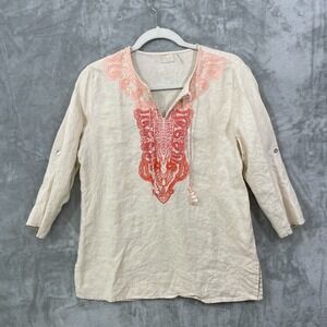 SYMPLE NYC Womens Top Size S  Beige 100% Linen  Embroidered Tassel Tunic
